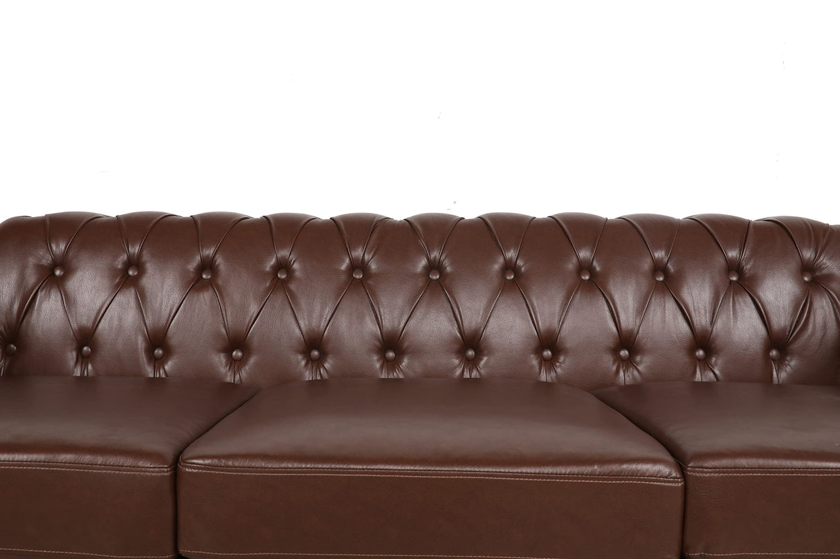 RARZOE Modern 3 Seater PU Chesterfield Sofa, Upholstered Tufted Button Leather Chesterfield Couch, Classic Faux Leather Settee with Nailhead Trim Scroll Arms for Living Room Bedroom(Dark Brown) RARZOE