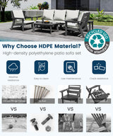 FOOWIN 7-Piece Patio Furniture Set, HDPE All-Weather Outdoor Conversation Set with Thick Cushions, Sectional Patio Sofa Furniture for Deck, Porch, Lawn, Garden, Grey Frame & White Cushion FOOWIN