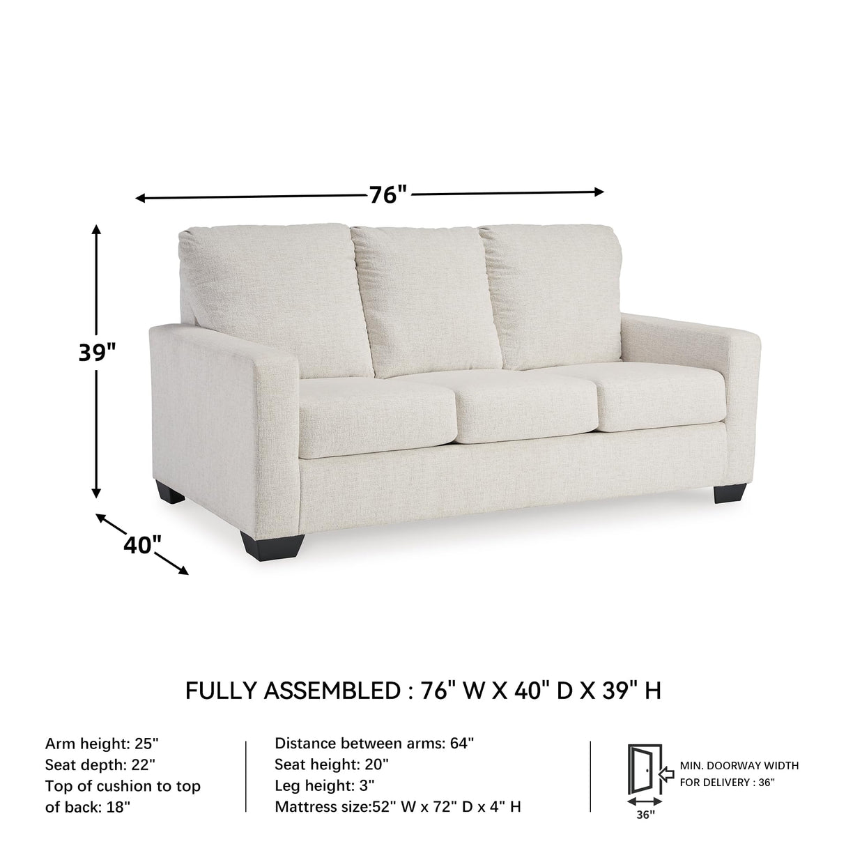 Signature Design by Ashley Rannis Coastal 2-in-1 Sofa Sleeper with Folding Gel Memory Foam Mattress, Full, White Signature Design by Ashley