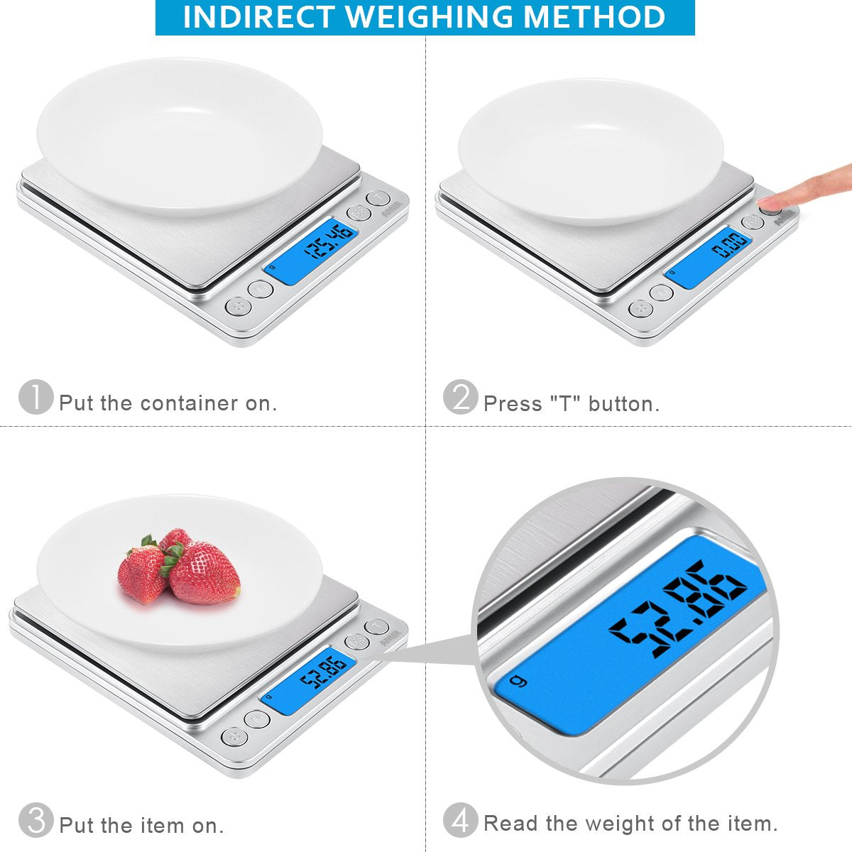 (Upgraded) AMIR Digital Kitchen Scale, 500g Mini Pocket Jewelry Scale, Food Scale, Coffee Scale, Back-Lit LCD Display, 2 Trays, 6 Units, Auto Off, Tare, PCS, Stainless Steel (Batteries Included) AMIR
