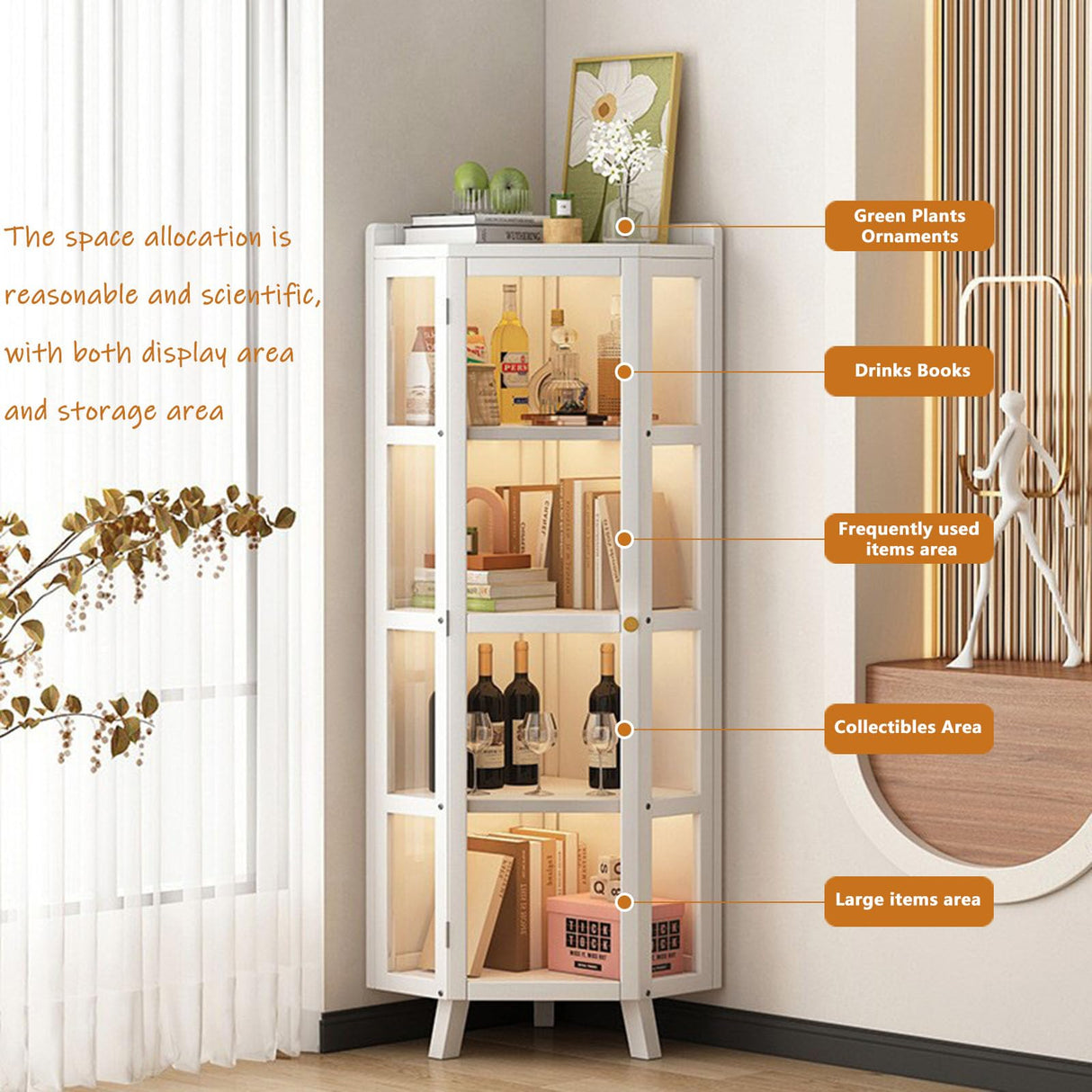 HXUQCZIG Tall Corner Curio Cabinet with Glass Doors, 5-Tier Shelves with Top Guard Rail for Living Room, Bathroom, Kitchen, Home Office White Corner Display Cabinet HXUQCZIG