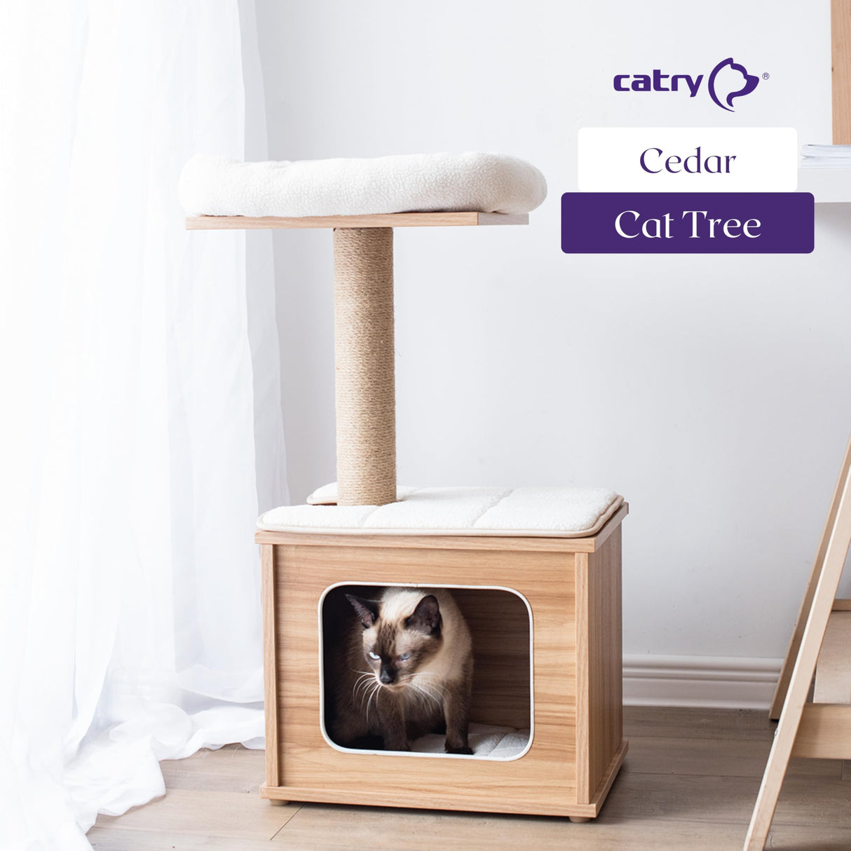 Catry 29.7" Tall 3 Level Laminated Wood Cat Tree with Large Base Condo, 2 Paded Steps, Natural Jute Scratching Post, Sturdy and Easy to Assemble for Small Cat, Brown Catry