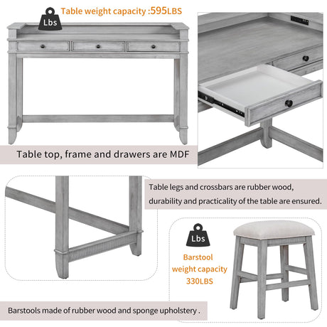 Merax Rustic 4-Piece Bar Table Set with Stools, Storage Drawers, USB Port & Power Strip - Gray & Beige Merax
