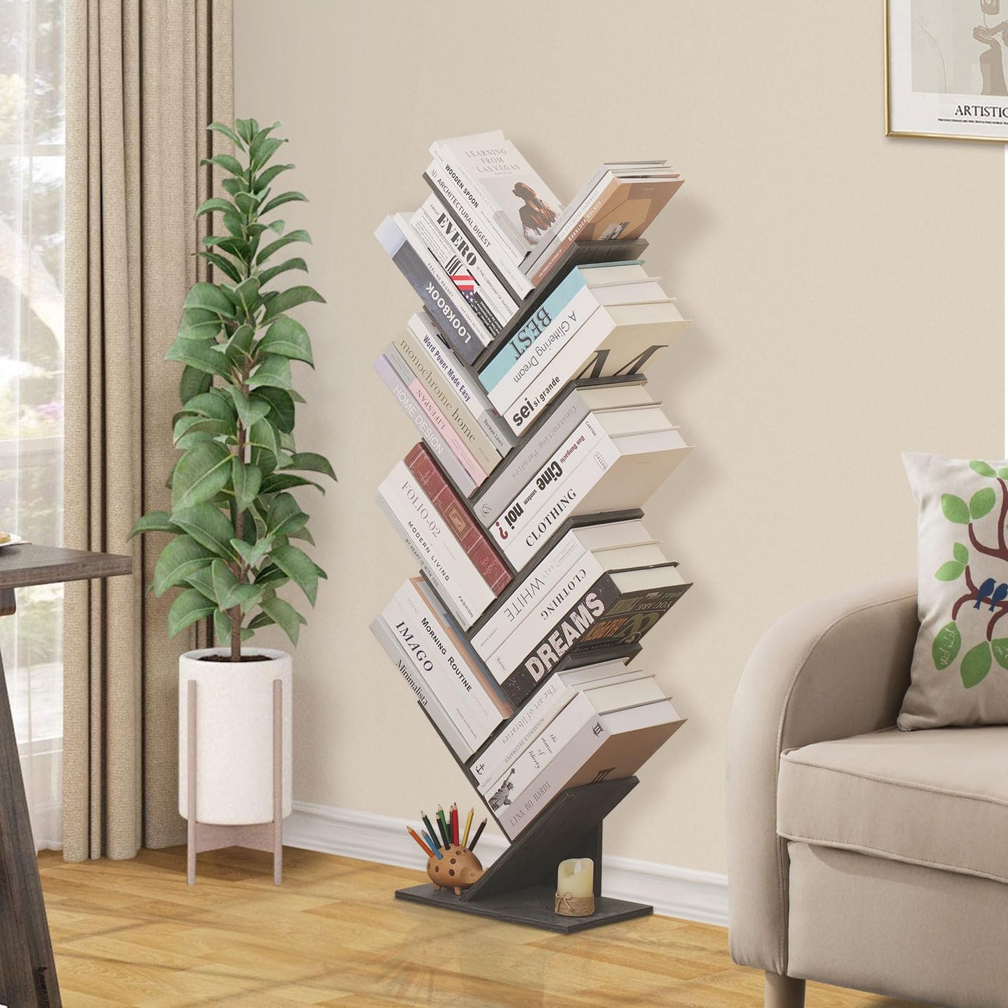 SHEEPAM 10-Tier Tree Bookshelf – Stylish Floor-Standing Storage Organizer for Small Spaces in Light Grey - WoodArtSupply