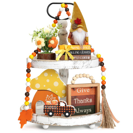 7 pcs Thanksgiving Tiered Tray Fall Decor Set, Gnome Truck Thanksgiving Wood Plaque Wooden Bead String Decorations, Fall Decorations for Home Kitchen Fireplace Farmhouse Office Fall Decoration Fiarbrty