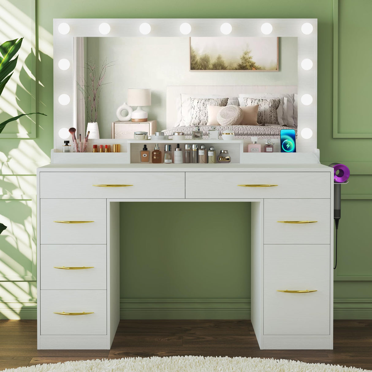HUAHUU Makeup Vanity Desk with Lights, Vanity Desk with Large Mirror, White Vanity with 6 Large Drawers & 1 Cabinet & Power Outlet, 3 Lighting Color Adjustable, Bedroom HUAHUU