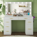 HUAHUU Makeup Vanity Desk with Lights, Vanity Desk with Large Mirror, White Vanity with 6 Large Drawers & 1 Cabinet & Power Outlet, 3 Lighting Color Adjustable, Bedroom HUAHUU