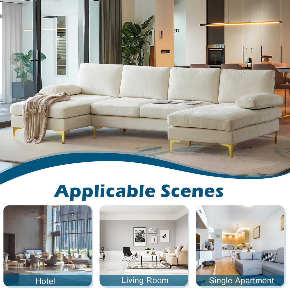 VINGLI 110" Large U-Shape Sectional Sofa Couch with 51" D Double Chaise for Living Room, Modern Sectional Couch Set with Soft 5.9" Thickness Seating Padding, Chenille Fabric,Metal Gold Legs(Beige) VINGLI