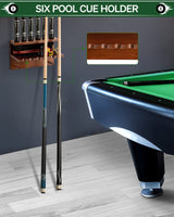 EXTCCT Wall Mount Pool Stick Holder - Billiards Pool Cue Rack Hardwood Pool Cue Set Holder for 6 Cues Sticks Storage Pool Table Accessories Equipment Organizer EXTCCT