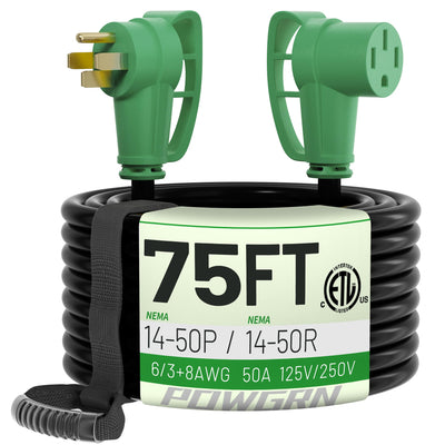POWGRN 50 Amp RV/EV Extension Cord 75 FT Outdoor with Grip Handle, Flexible Heavy Duty 6/3+8/1 Gauge STW 4 Prong RV Power Cord Waterproof, NEMA 14-50P to 14-50R, Black-Green, ETL Listed.
