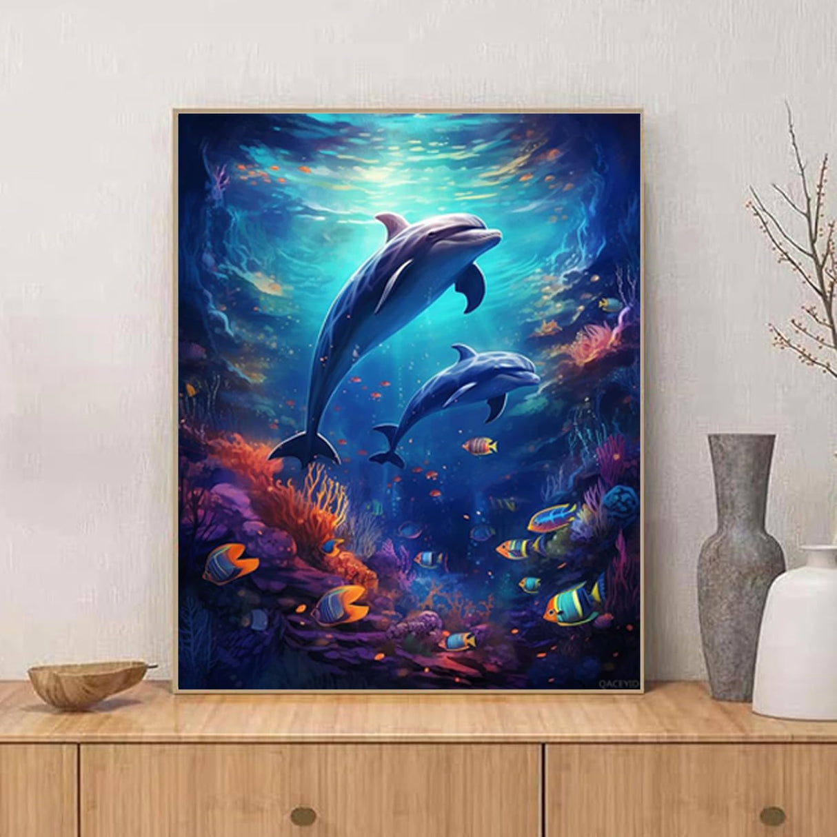 QACEYID Dolphin Paint by Number for Adults, DIY Oil Painting Kit on Canvas with Paintbrushes and Acrylic Pigment, Perfect for Paint by Numbers for Beginner, for Home Wall Decor 16x20Inch QACEYID