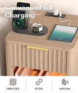 Akxomel Fluted Nightstands Set of 2, Wooden Night Stand with Charging Station and LED Light, Modern Mid Century End Table with Drawer, 15" D x 15.7" W x 22.6" H, for Bedroom, Natural Oak Akxomel