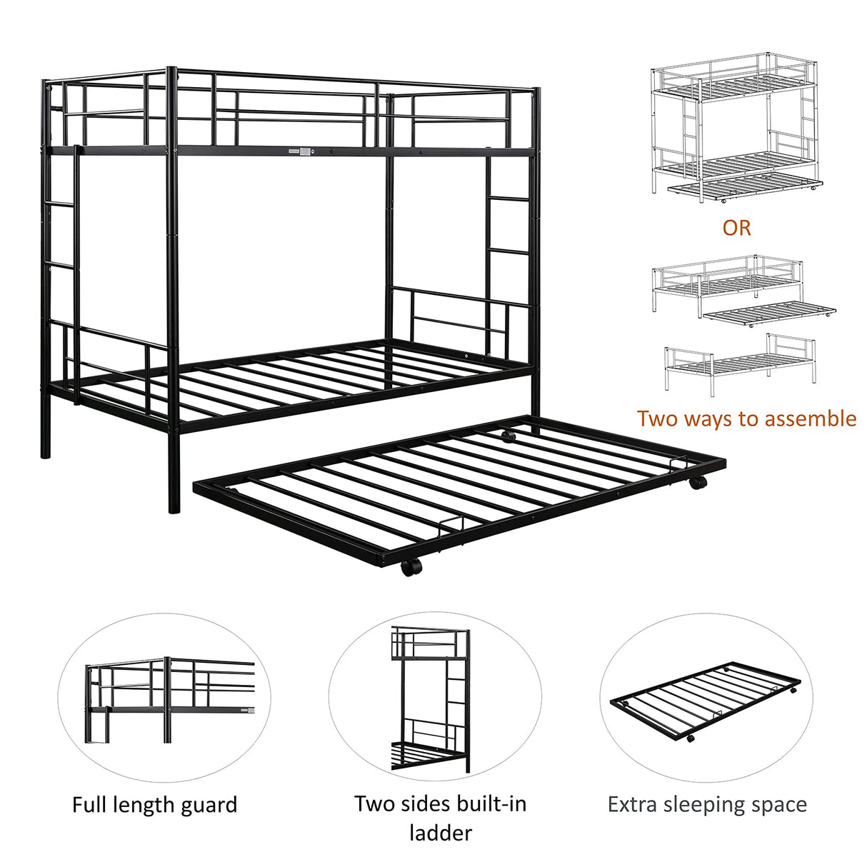 GNIXUU Metal Bunk Bed with Trundle Twin Over Twin Modern Bunk Beds with Slats Heavy Duty Bunkbed Frame for Adults,Teens,Boys and Girls. (Black) GNIXUU