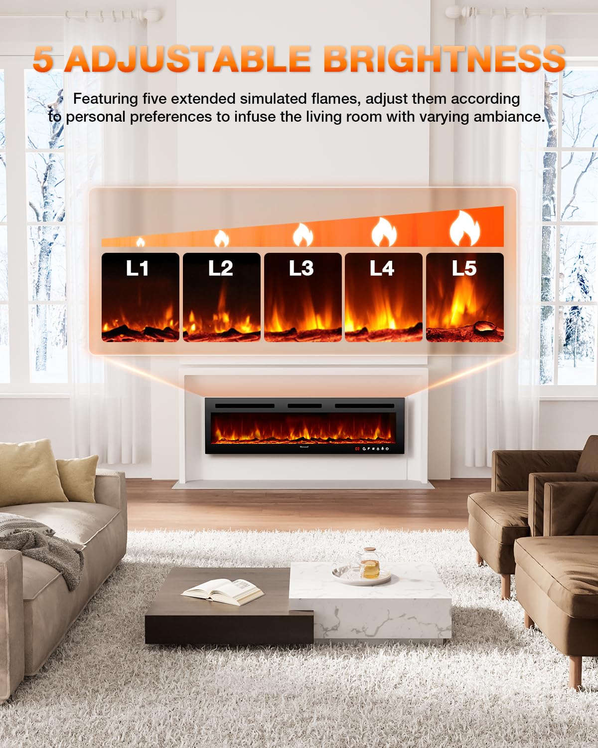 VISVEIL Electric Fireplace 60Inch,Realistic Flame Electric Fireplace Heater,Log Set/Crystal Flames 750-1500W with Timer Inserts/Wall Mounted/TV Stand Touch Screen & Remote for Living Room Easy Install