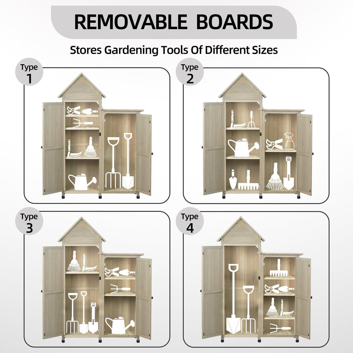 FTCBNet Outdoor Storage Cabinet - Waterproof Metal Roof & Wooden Vertical Design, Tall Garden Tool Shed with Multiple Shelves for Patio, Backyard, Lawn, Yard (Gray, 22" x 46" x 67") FTCBNet