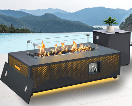 RADIATA 42” Rectangle Propane/Natural Gas Firepit for Outside Patio, Heavy Duty Modern Lowprofile Fire Pit Table with Tank Table & LED Lights, 50000BTU Backyard Fireplace for Porch Deck, Dark Gray RADIATA