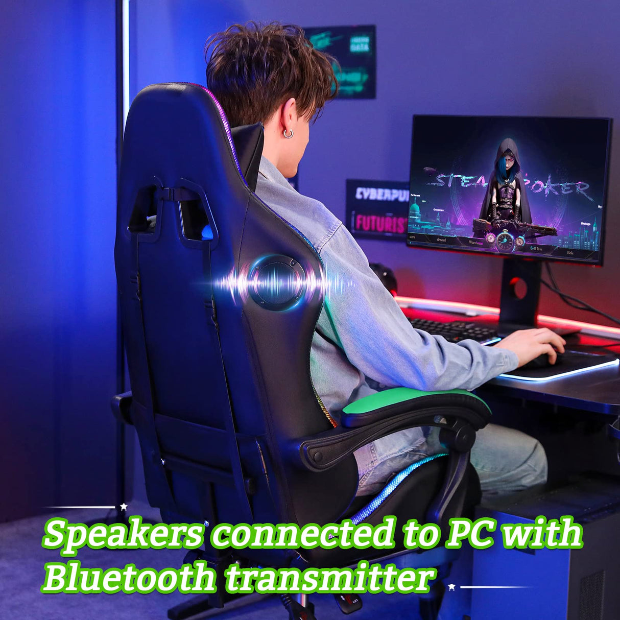 Gaming Chair with Bluetooth Speakers and RGB LED Lights Ergonomic Massage Computer Gaming Chair with Footrest Video Game Chair High Back with Lumbar Support Light Green and Black VANSPACE