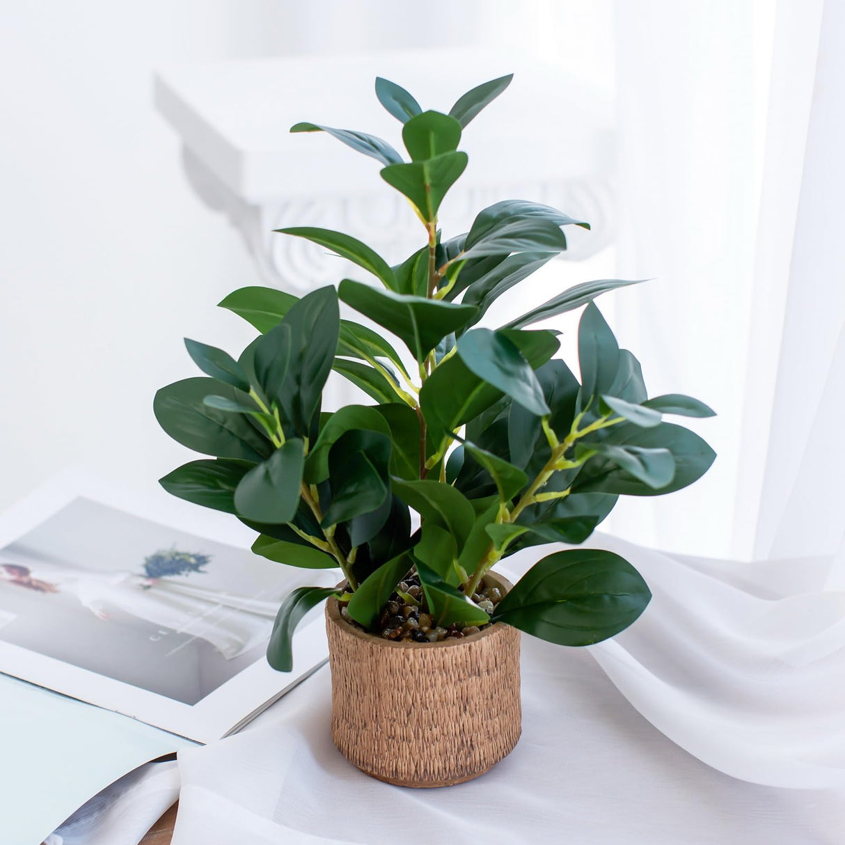 12.6" Fake Plants in Brown Ceramic Vase Real Looking and Touching Evergreen Ficus Leaf Faux Plant Indoor for Book Shelf Bathroom Office Desk Kitchen Counter Bedroom Small Space Artificial Plant Decor Ewtogift