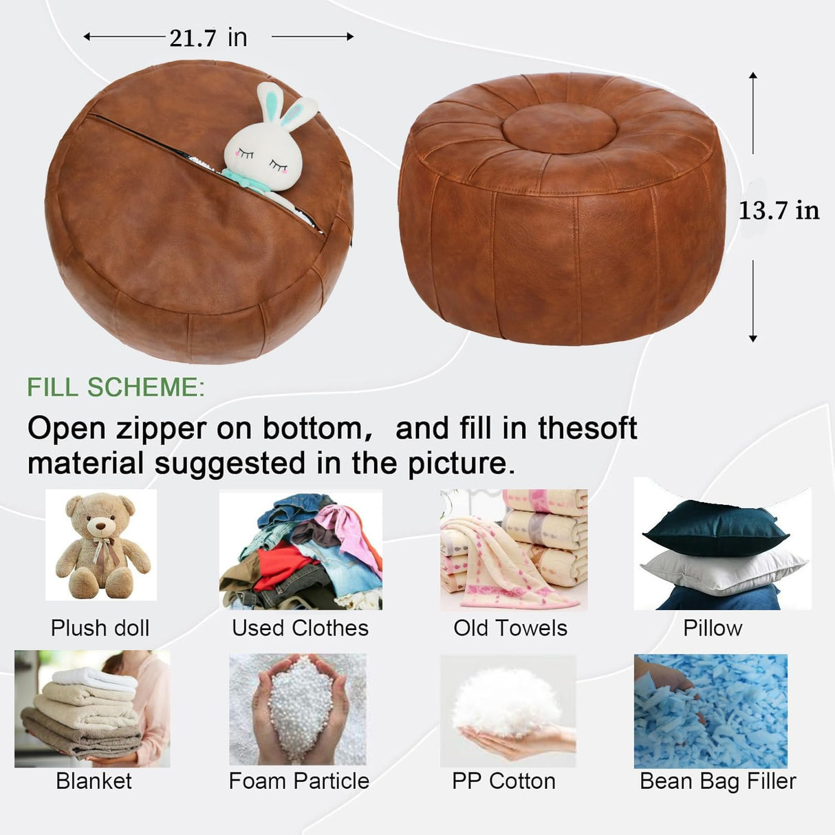 Thgonwid Unstuffed Handmade Moroccan Round Pouf Foot Stool Ottoman Seat Faux Leather Large Storage Bean Bag Floor Chair Foot Rest for Living Room, Bedroom or Wedding Gifts (Light Brown) Thgonwid