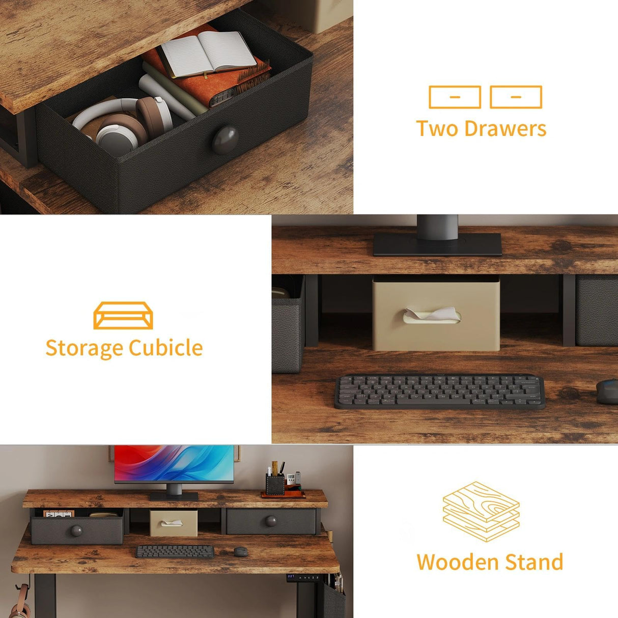 Electric Standing Desk Adjustable Height - 40 Inch Sit Stand Desk with Storage Drawers , Small Standing Desks with Shelf Monitor Stand, Kids Girls Computer Desks for Bedroom Home Office, Rustic Brown KLUVIS