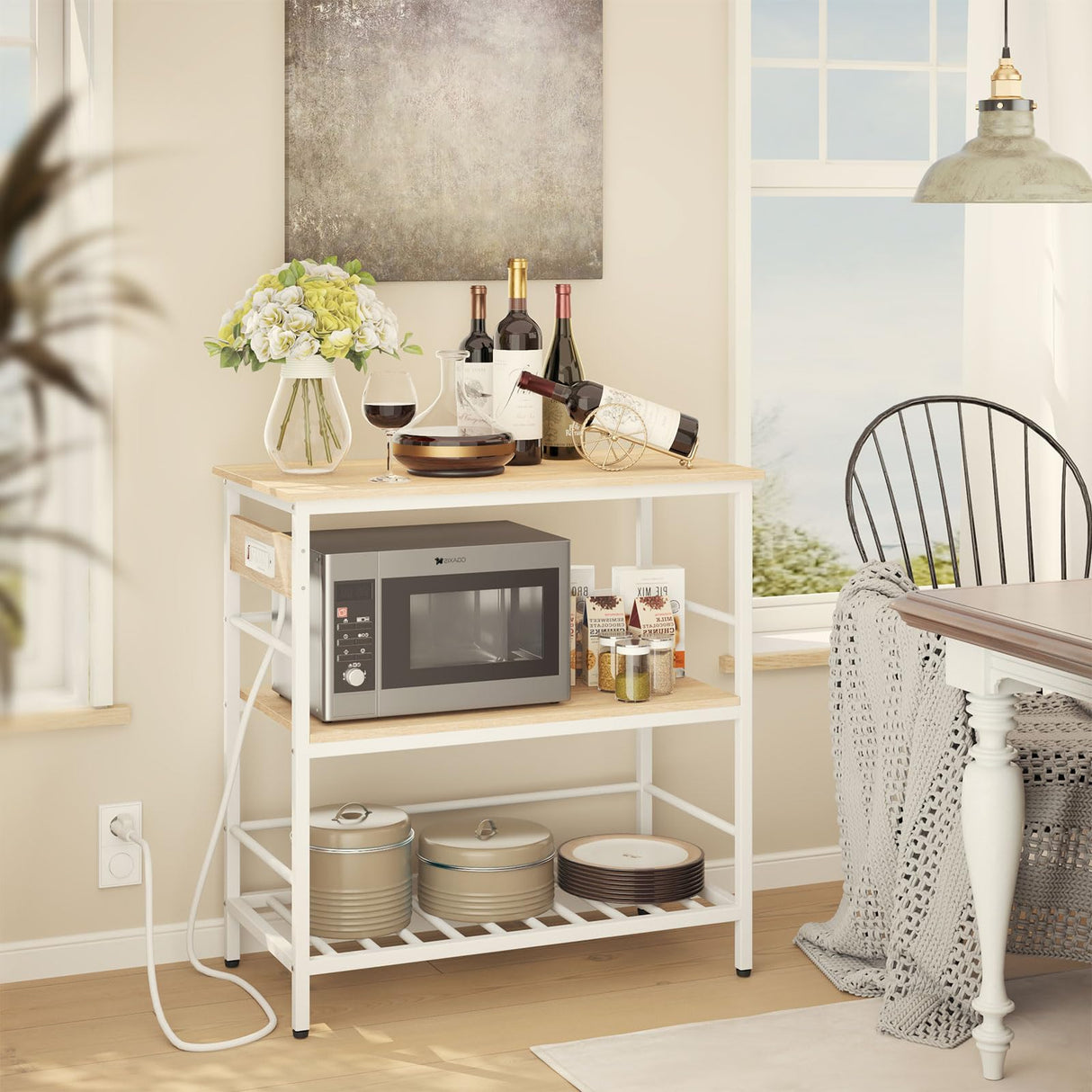 IBUYKE Kitchen Island with Storage, Bakers Rack with Power Outlet,Microwave Stand with Large Worktop,Rolling Bar Cart for Home, Outdoor, Kitchen,Light Wood TMJ029R IBUYKE