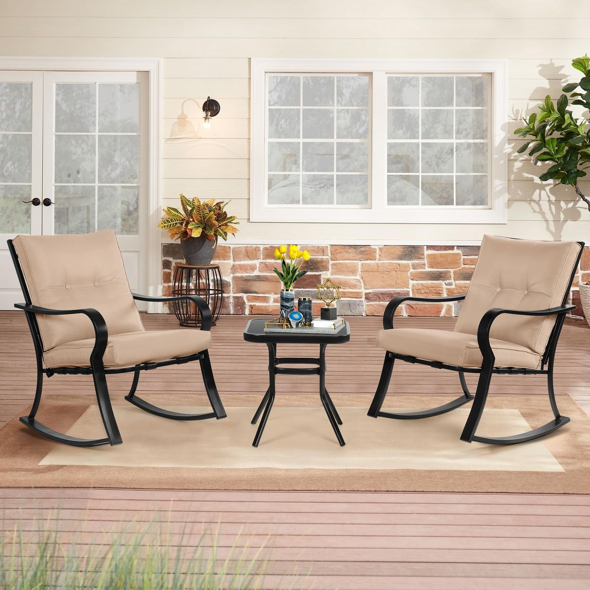 SOLAURA 3-Piece Outdoor Rocking Chairs Bistro Set, Black Iron Patio Furniture with Brown Thickened Cushion & Glass-Top Coffee Table SOLAURA
