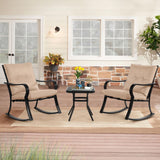 SOLAURA 3-Piece Outdoor Rocking Chairs Bistro Set, Black Iron Patio Furniture with Brown Thickened Cushion & Glass-Top Coffee Table SOLAURA