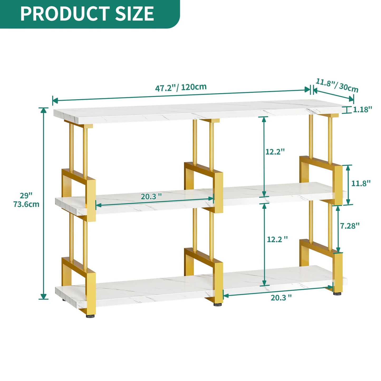 YITAHOME Gold Console Table, Modern Sofa Table 3-Tier Narrow Entryway Table, 47 Inch Console Tables for Entryway, Living Room, Faux Marble White