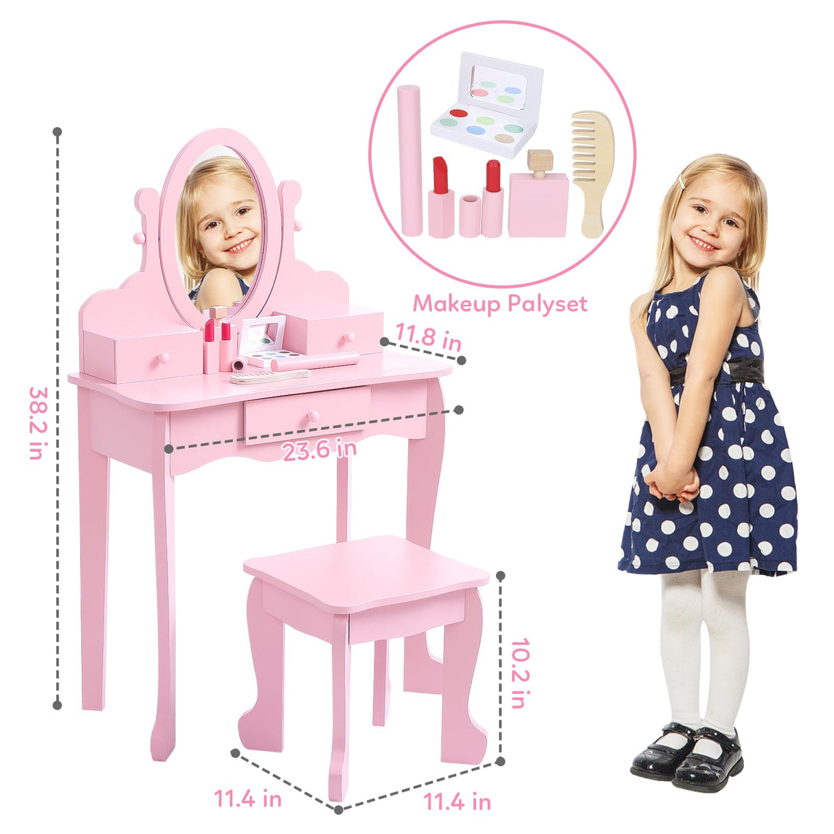 GarveeHome Kids' Vanity Set with Mirror, Makeup Table and Stool for Girls, Vanity Desk and Chair with Wood Makeup Playset for 4-9 Girls, Pink GarveeHome