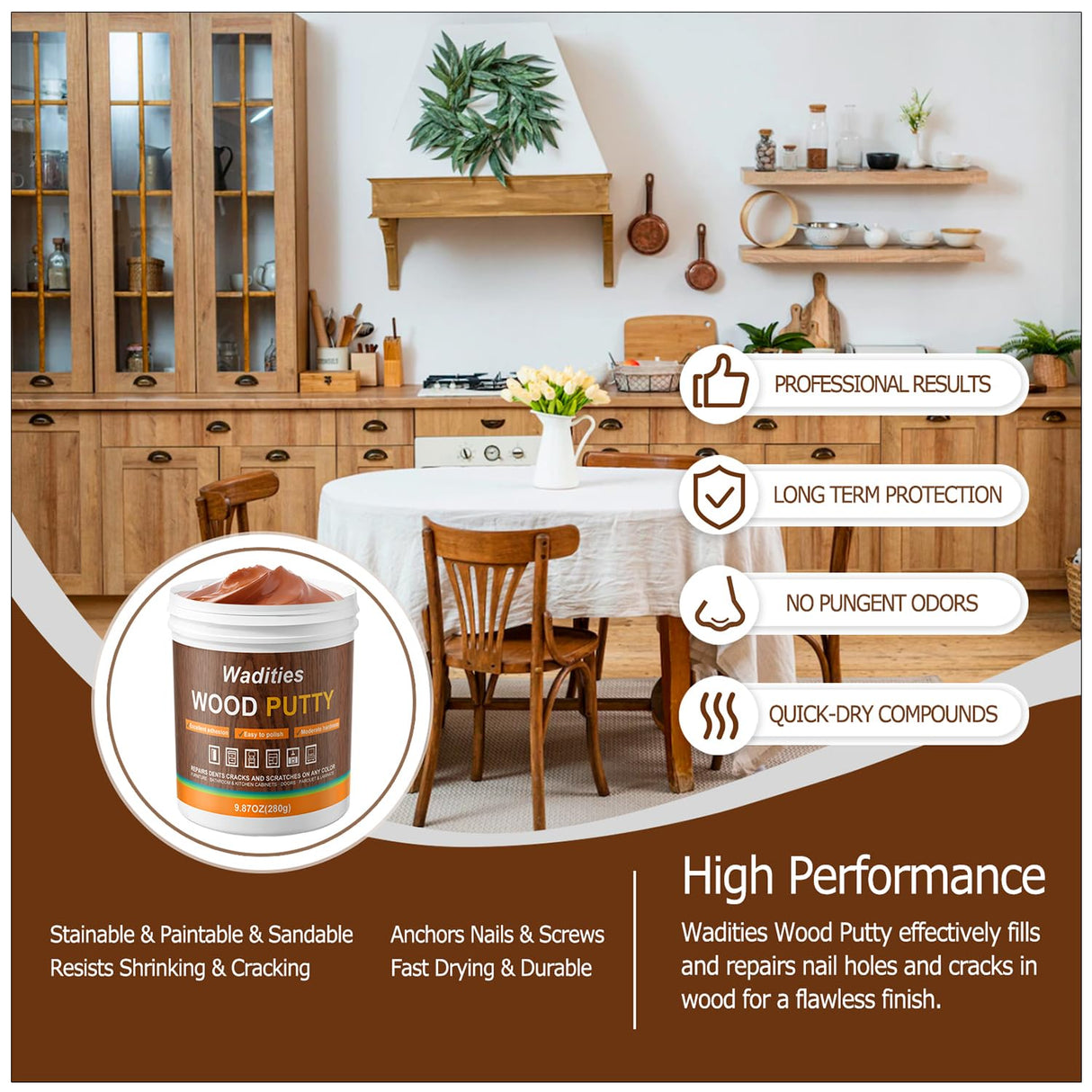 Wadities Walnut Wood Filler, Walnut Wood Putty, Paintable Stainable Wood Repair Putty, 9.87 Ounce Wood Furniture Repair kit, Quickly Repair Wood Wadities