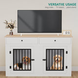 YITAHOME 60" Wooden Dog Crate Furniture with Removable Divider & Storage Drawers, Double Door Kennel with Locks for Medium and Large Dogs, Multi-Functional Dog Crate End Table for Indoor use, White YITAHOME