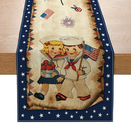 Vintage 4th of July Table Runner 4th of July Decorations - Navy Blue Vintage Style Boys and Girls Independence Day Holiday Home Kitchen Dining Table Decor, 4th of July Party Decorations 13x72 Inch Racenaf