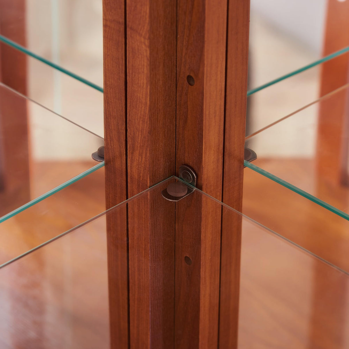 QSOSTNS Lighted Corner Display Curio Cabinet Curved Wood Corner Cabinet with Tempered Glass Doors and Shelves for Living Room (Oak) QSOSTNS