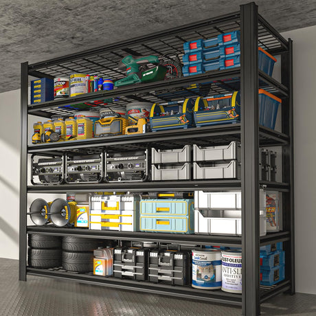 SYLOUGH 55.12" W Father&I 6-Shelf Industrial Adjustable Heavy-Dudy Tall Metal Garage Storage Shelves Shelving Units/Steel Wire Rack System (Commercial) for Basement/Shop, 84" H*55.12" W*24" D*, Black SYLOUGH