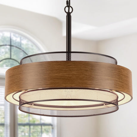 19.7 inch Farmhouse Chandeliers for Dining Room, 5-Light Rustic Large Round Black Chandelier Metal Wood Texture Interior Hanging Lighting for Entryway Kitchen Island Foyer Bedroom Living Room Corlaceling