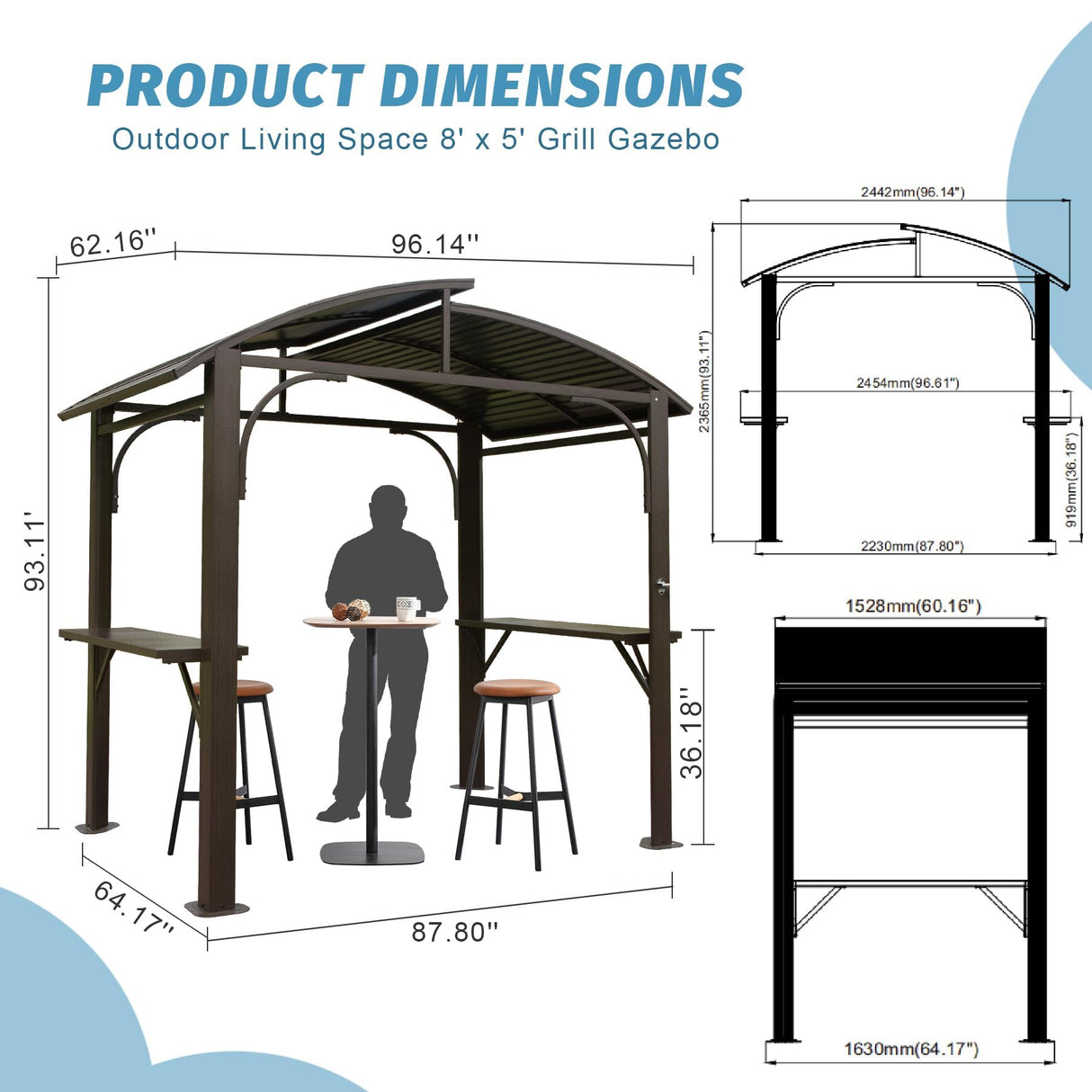 8x5 Grill Gazebo, Outdoor BBQ Gazebo with Double Galvanized Steel Roof, Barbeque Hardtop Grill Gazebo with 2 Side Shelves and Bottle Opener, Metal Grilling Gazebo for Patio, Garden, Backyard (Brown) BNSPLY