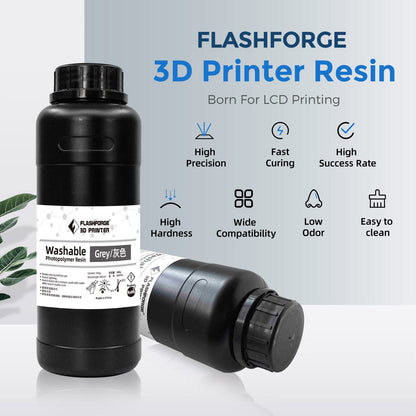 FLASHFORGE Water Washable 3D Printer Resin, LCD UV-Fast-Curing Resin 405nm Standard Photopolymer Resin for LCD Resin 3D Printer, Low Shrinkage and High Precision (Grey, 500g) - WoodArtSupply