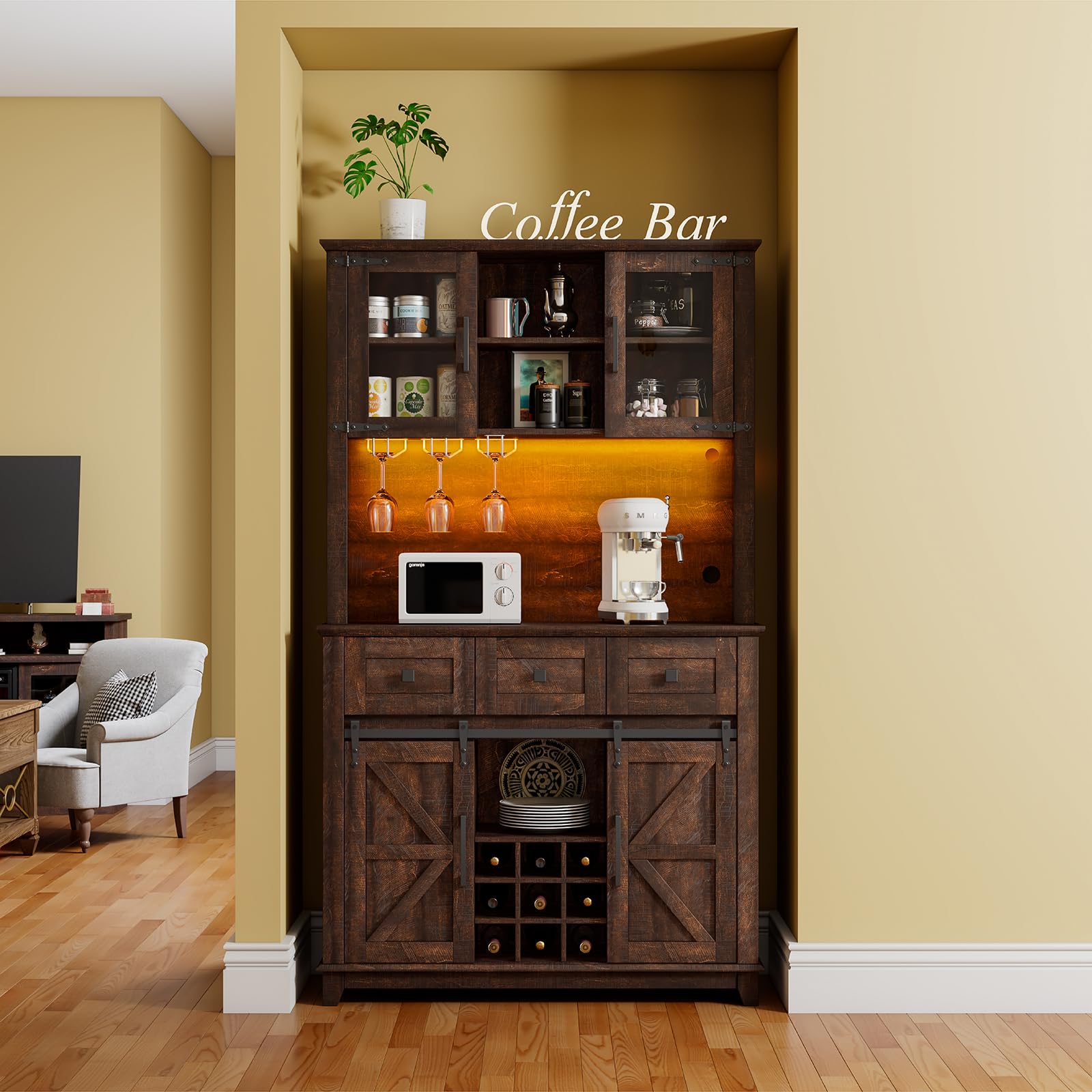 LUXOAK 72" Coffee Bar Wine Cabinet with Sliding Barn Door & LED Lights, Sideboard Buffet Cabinet with Wine Bottle Rack, 3 Drawers, Storage Cabinet for Kitchen, Dining Room, Brown - WoodArtSupply