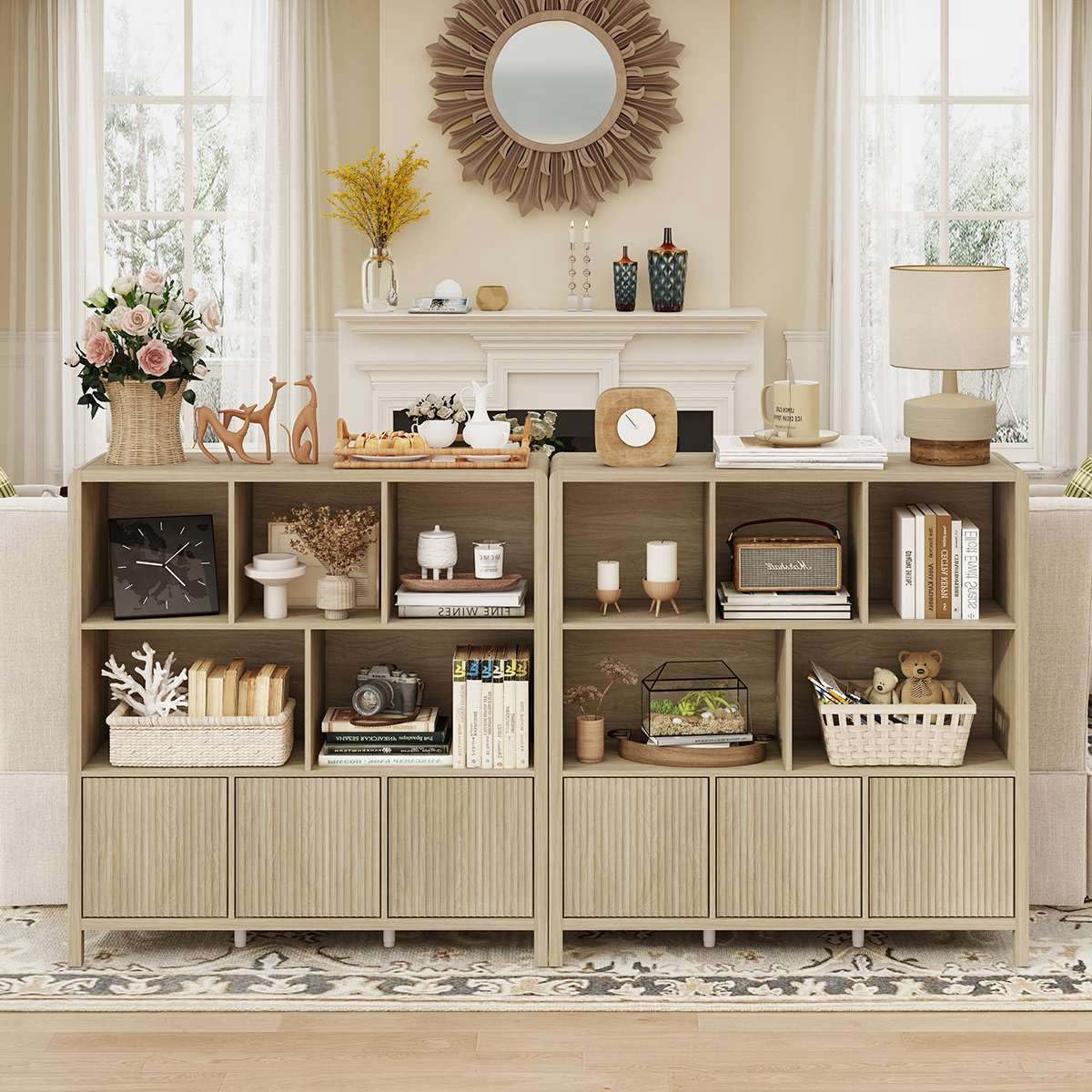 FATORRI 8 Cube Storage Organizer with Shelf, Rustic Wood Cube Bookshelf, Farmhouse Bookcase with 3 Doors, Cubby Book Shelf for Living Room, Home Office, Hallway (Light Walnut) FATORRI