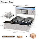 Fameill Farmhouse Queen Size Bed Frame with Headboard and Storage Ottoman, Sliding Barn Door & 4 Drawers, LED Lights and Charging Station, No Box Spring Needed, Antique White Fameill