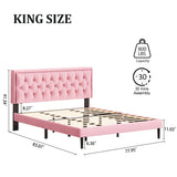 CXVX King Size Platform Bed Frame with Upholstered Velvet Button Tufted Headboard, Mattress Foundation with Wooden Slat Support, No Box Spring Needed, Easy Assembly, Noise Free, Pink CXVX