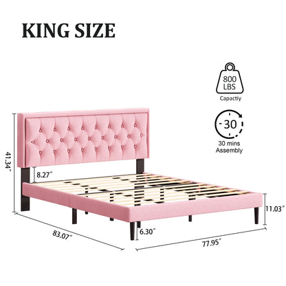 CXVX King Size Platform Bed Frame with Upholstered Velvet Button Tufted Headboard, Mattress Foundation with Wooden Slat Support, No Box Spring Needed, Easy Assembly, Noise Free, Pink