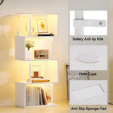 Furologee White Geometric Bookshelf with LED Light, 5 Tier S-Shaped Small Bookcase, Modern Display Standing Shelf, Metal Wooden Decorative Storage Shelves for Bedroom, Living Room, Office Furologee