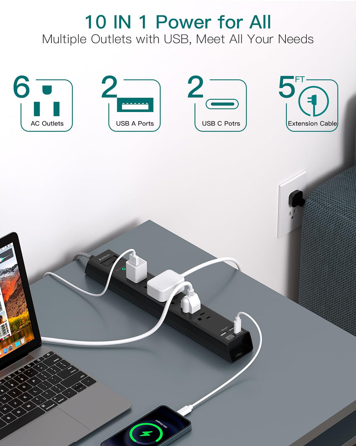 Surge Protector Power Strip - Extension Cord with 6 AC Outlets 4 USB (2 USB-C Ports), Flat Plug with Overload Surge Protection, Wall Mount, 5ft, Outlet Extender for Home Office Dorm Room Essentials Addtam