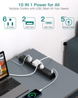 Surge Protector Power Strip - Extension Cord with 6 AC Outlets 4 USB (2 USB-C Ports), Flat Plug with Overload Surge Protection, Wall Mount, 5ft, Outlet Extender for Home Office Dorm Room Essentials Addtam
