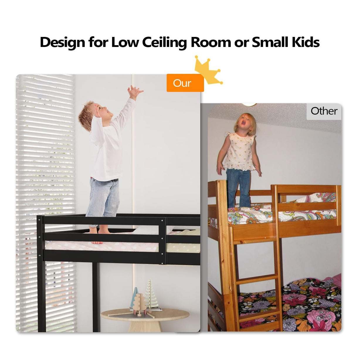 VINGLI 47'' Black Junior Low Loft Bed with Stairs - Sturdy Twin Size Frame for Kids and Teens VINGLI