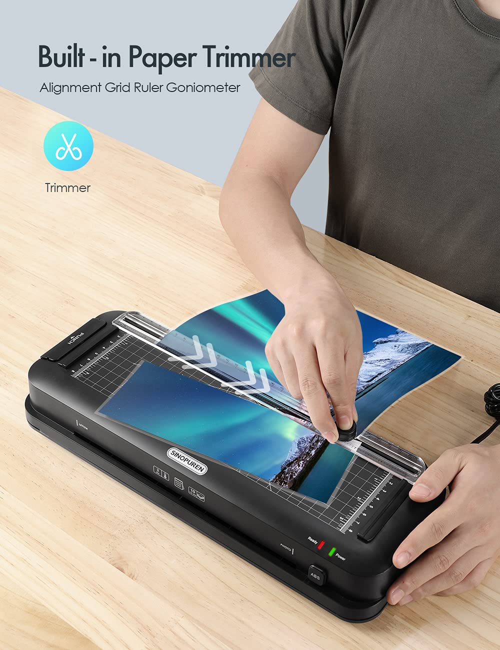 SINOPUREN 9-Inch Thermal Laminator Machine, 3-in-1 Laminator with Built-in Paper Trimmer, Hole Punch & Corner Rounder, 10 Laminating Pouches, Fast 3-Min Warm-Up, Jam-Free for Home, Office, School SINOPUREN