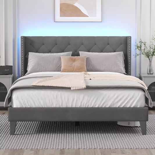 DOGIBIXO King Size Upholstered Bed Frame with LED Lights and Wingback Tufted Headboard in Grey - WoodArtSupply