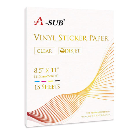 A-SUB Clear Sticker Paper for Inkjet Printers - Waterproof Transparent Printable Vinyl Sticker Paper - 15 Sheets 8.5x11 Inch Glossy Clear Label Paper for Custom Stickers, Decals A-SUB