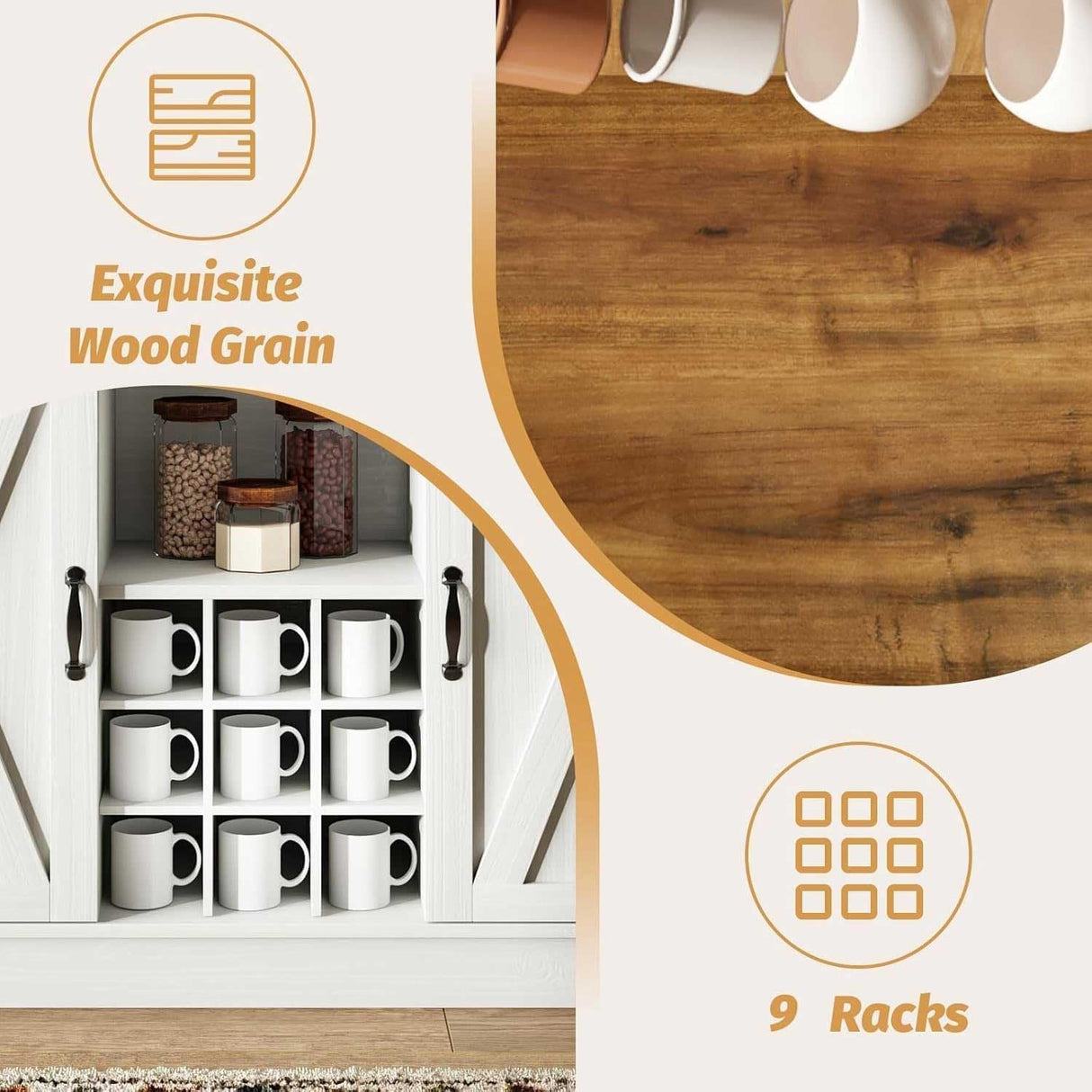 4ever2buy Farmhouse Coffee Bar Cabinet with Hutch, 47'' Kitchen Buffet Cabinet with 9 Wine Racks and 6 Hooks, Coffee Bar with Sliding Barn Door, White 4ever2buy